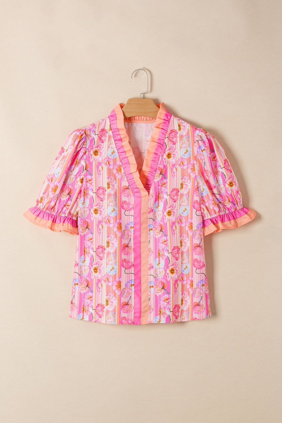 Pink Poppy Floral Striped Color Block Trim V-Neck Ruffled Short Sleeve Blouse