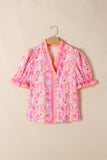 Pink Poppy Floral Striped Color Block Trim V-Neck Ruffled Short Sleeve Blouse