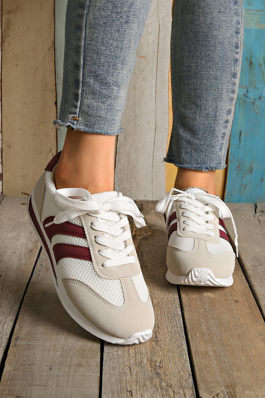 White Patchwork Breathable Lace Up Sneakers