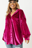 Plus Size Bright Pink Velvet Chest Pocket Drop Shoulder Shirt
