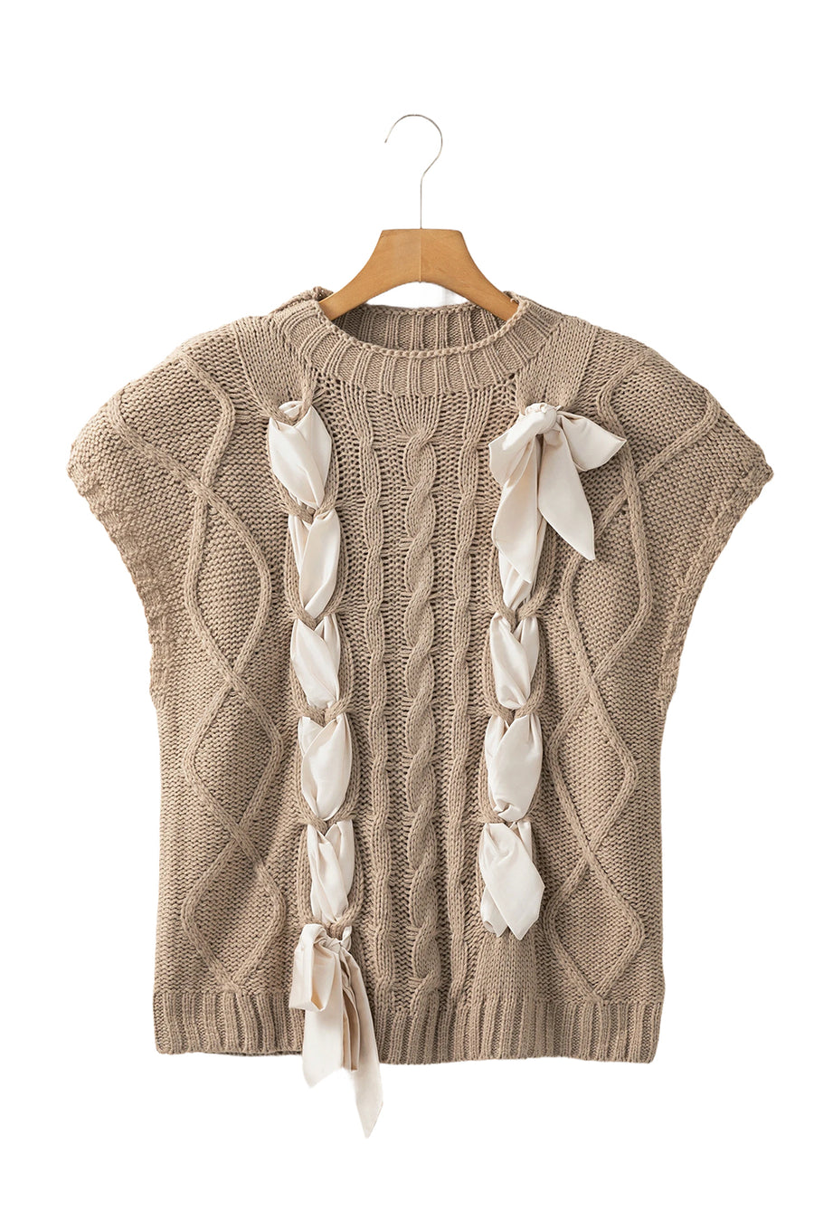 Taupe Satin Ribbon Lace-Up Short Sleeve Cable Knit Sweater