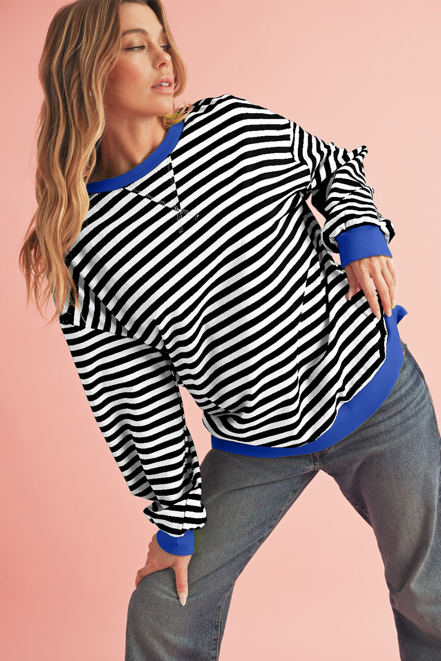 Striped Contrast Trim Oversized Sweatshirt- 4 Colors