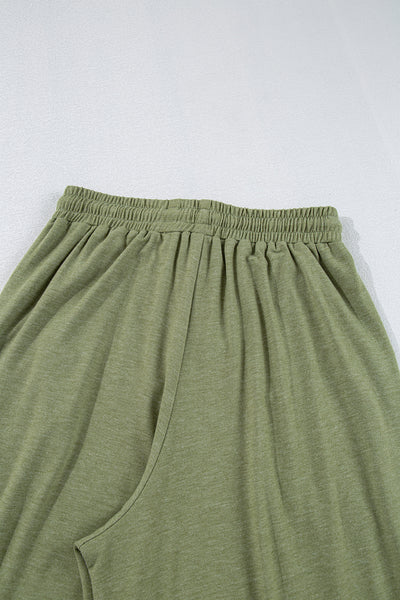 Jungle Green Solid Color Ruffle Hem Wide Leg Pants