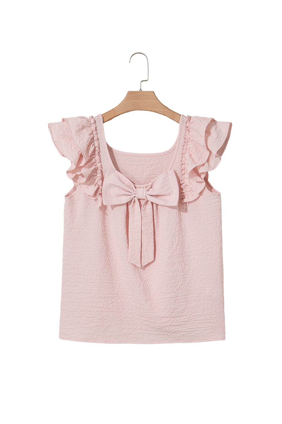 Textured Bow Frilled Ruffle Sleeve Blouse- Light Pink