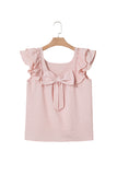 Textured Bow Frilled Ruffle Sleeve Blouse- Light Pink
