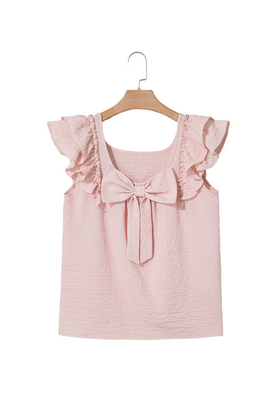 Pink Gossamer Textured Bow Frilled Ruffle Sleeve Blouse