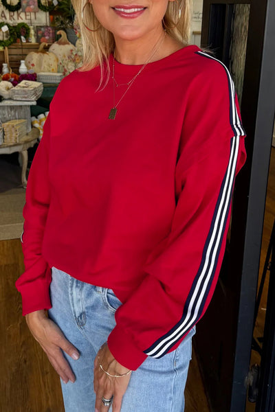 Fiery Red Side Striped Round Neck Sweatshirt