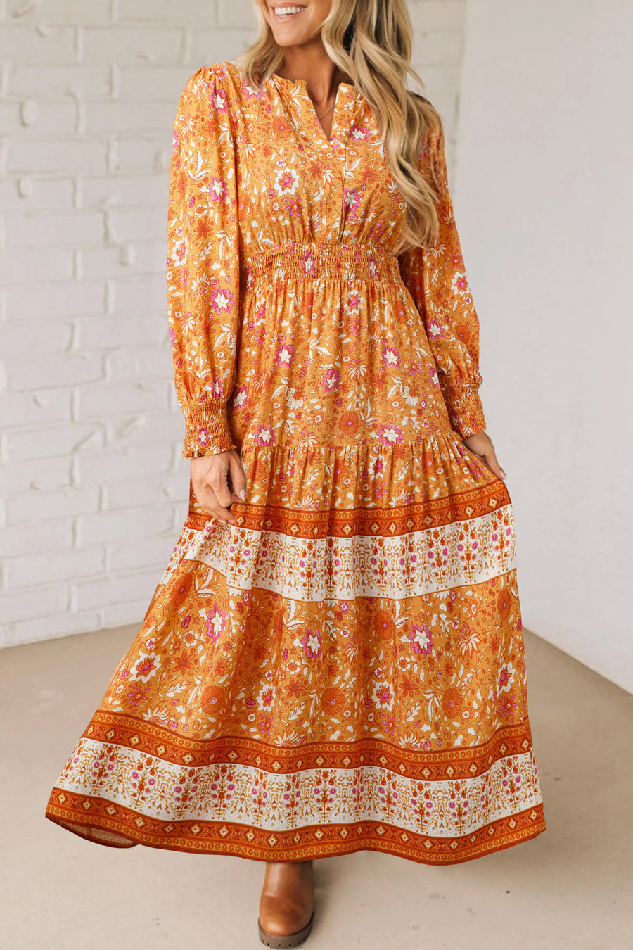 Orange Bohemian Floral Print Smocked Waist Long Sleeve Maxi Dress