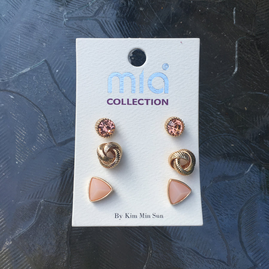 Gold Tone Rhinestone, Knot, and Triangle Post Earrings Trio- Pink