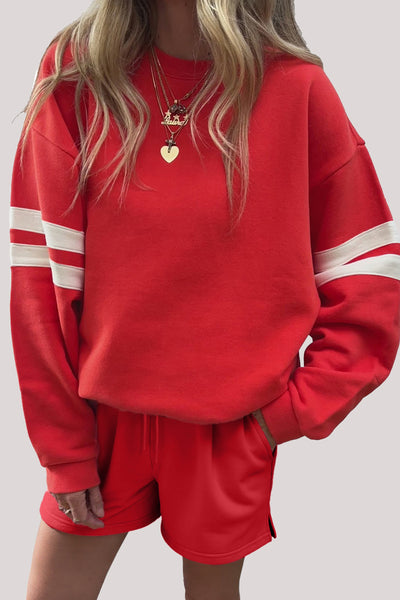 Varsity Striped Sleeve Drop Shoulder Sweatshirt and Shorts Set- 5 Colors