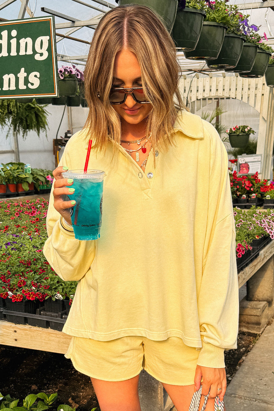 Butter Yellow Button-Up Collared Drop Shoulder Sweatshirt and Shorts Set