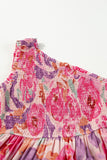Pink Floral Print Shirred One Shoulder Maxi Dress