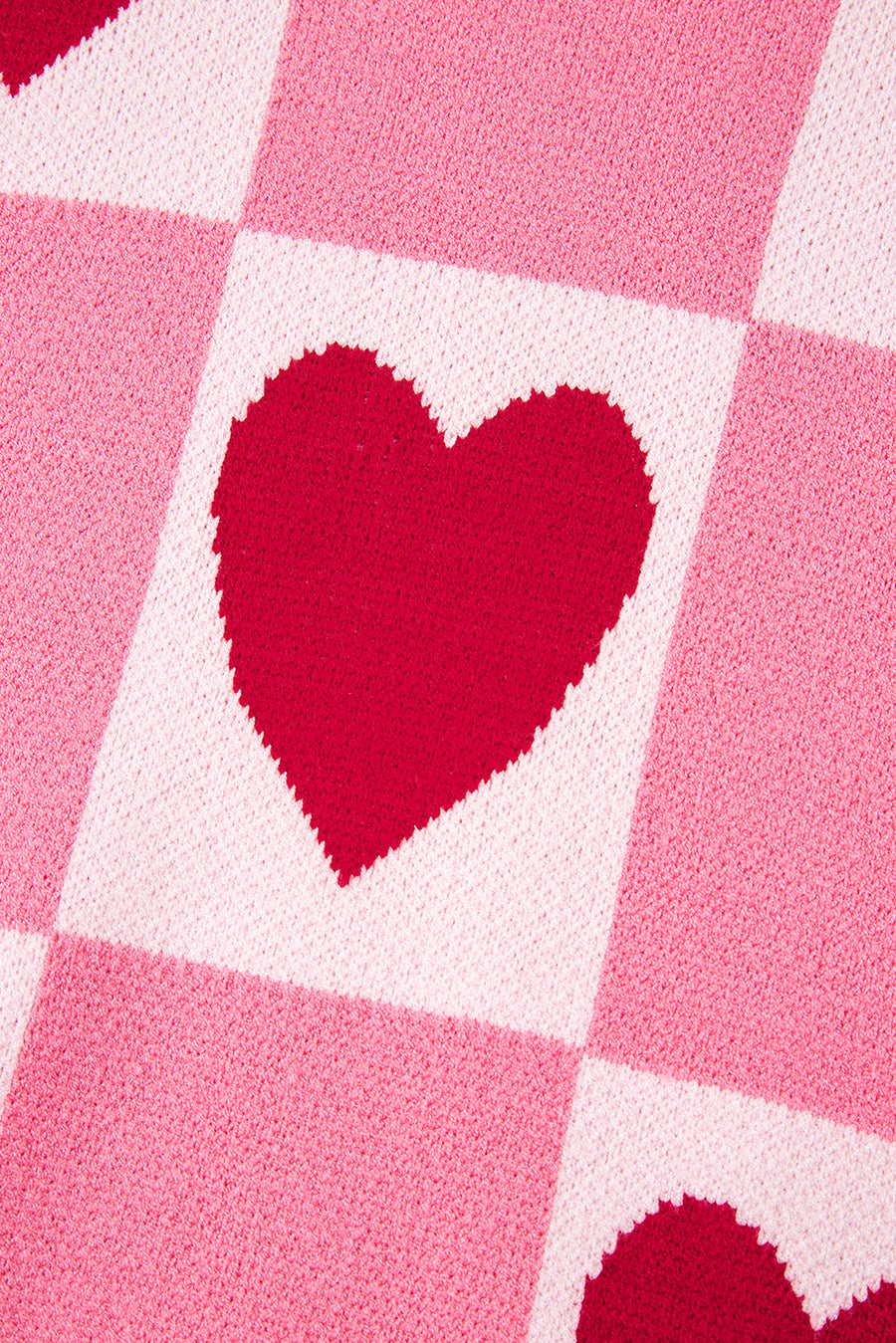 Pink Heart & Checkered Pattern Drop Shoulder Crew Neck Knit Sweater