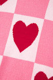 Pink Heart & Checkered Pattern Drop Shoulder Crew Neck Knit Sweater