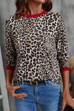 Leopard Print Contrast Trim Crew Neck Long Sleeve Top