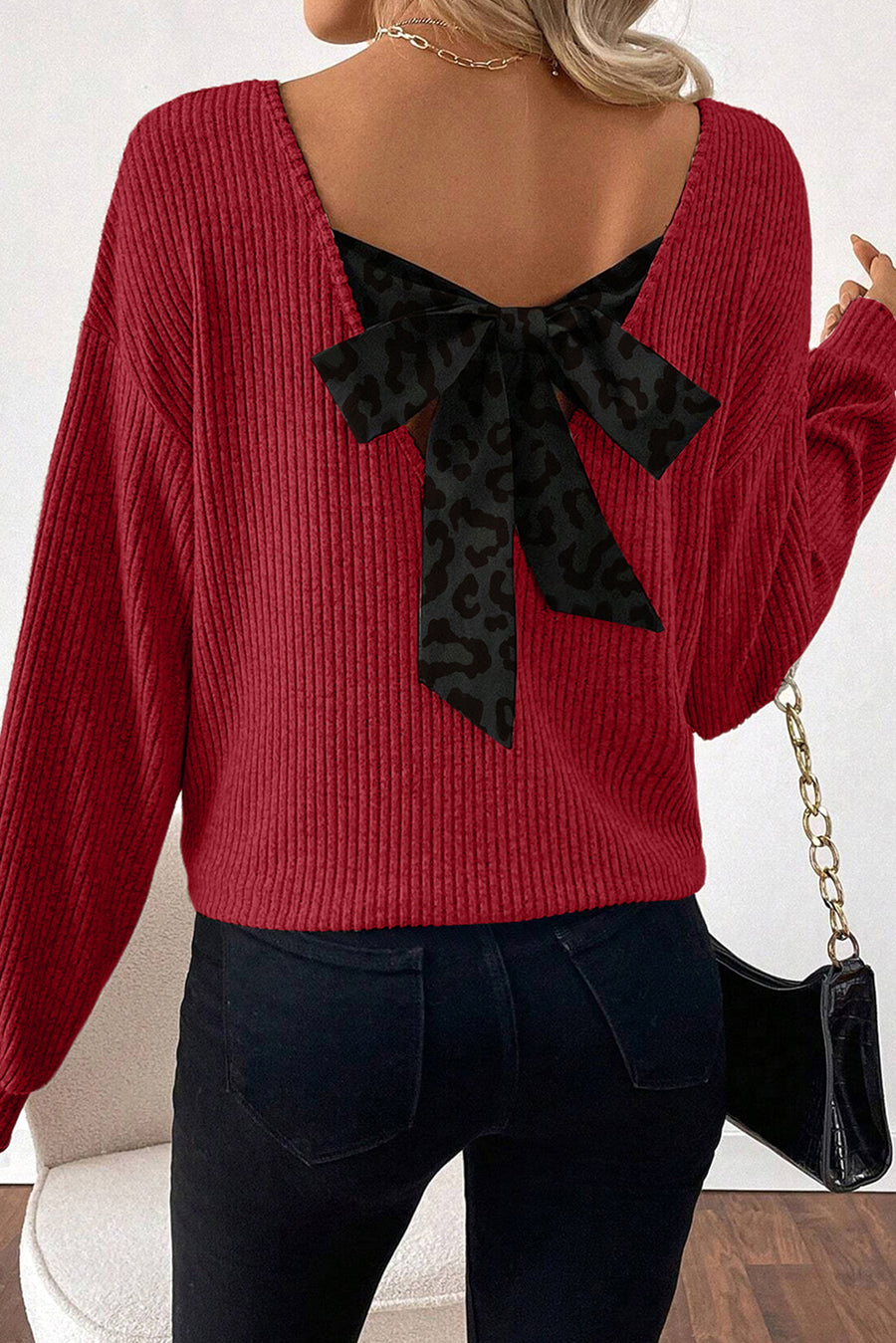 Leopard Print V-Neck Bow Back Ribbed Long Sleeve Sweater- 2 Colors