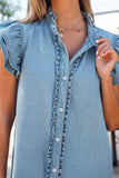 Frill Neck Button-Up Ruffled Short Sleeve Denim Mini Dress- 2 Colors