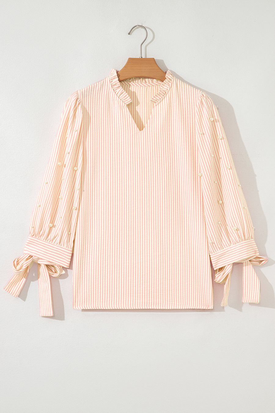Pink Striped Pearl Beaded Bow Cuff Blouse