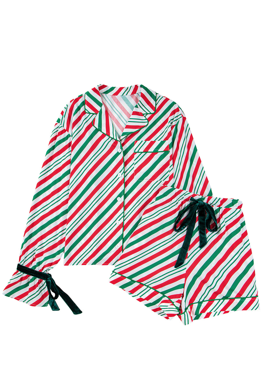Green Striped Velvet Ribbon Trim Pajama Set