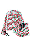 Green Striped Velvet Ribbon Trim Pajama Set