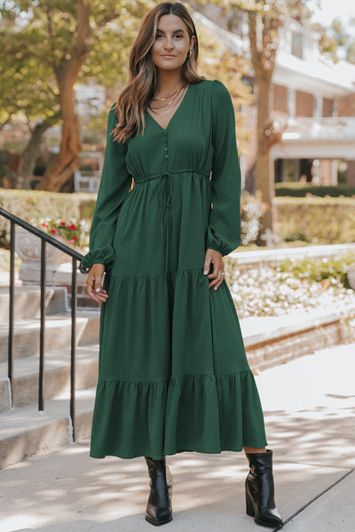 Solid Long Sleeve Button V-Neck Tiered Maxi Dress- 2 Colors