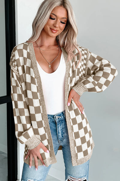Black Checkered Open Front Drop Shoulder Cardigan