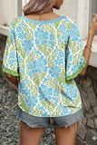 Rose Floral Print Ruffled Color Block Trim Half Sleeve Blouse