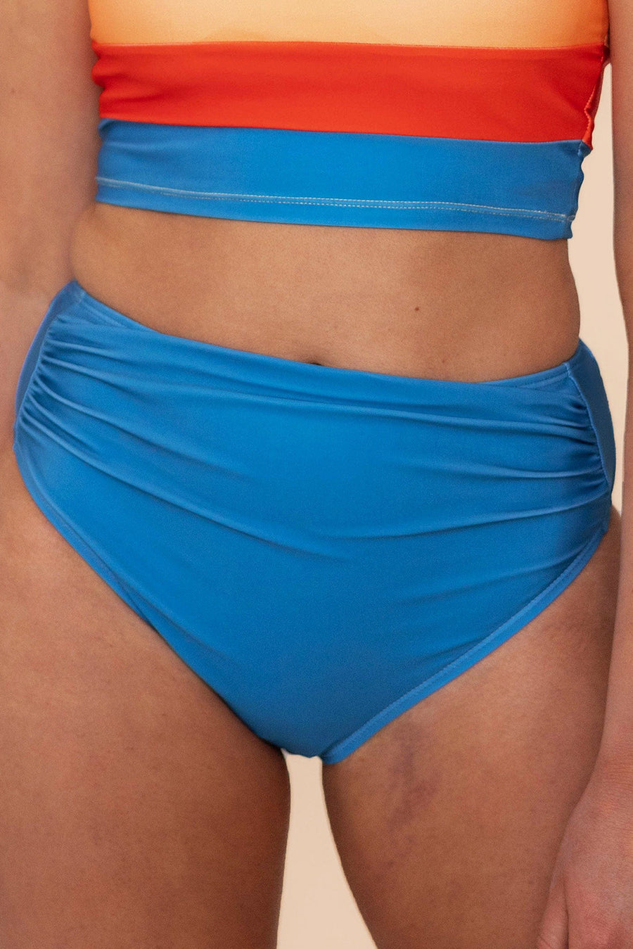 Color Block Pleated High-Waisted Tankini