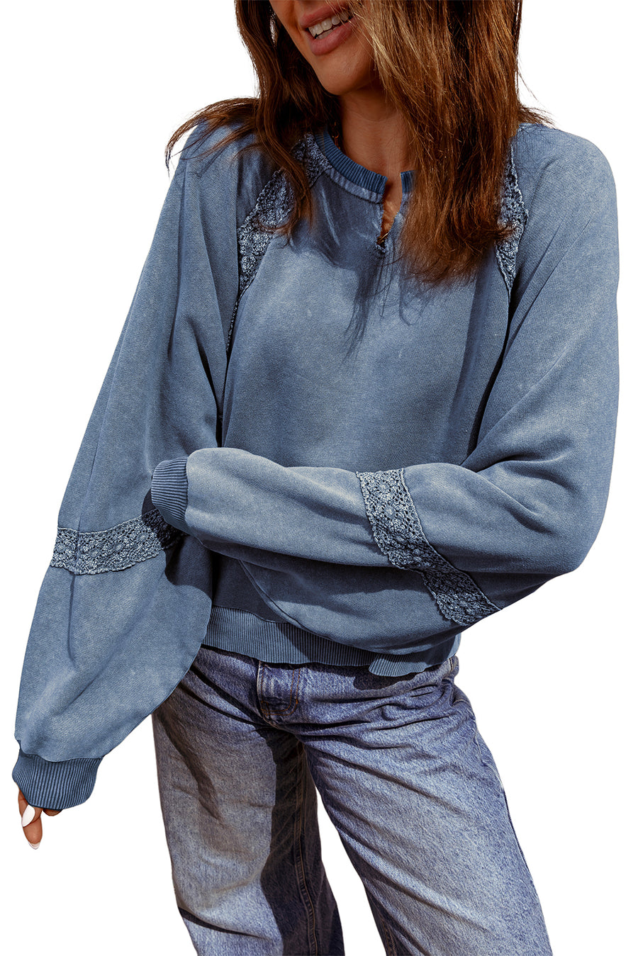 Lace Applique Notched Neck Mineral Wash Baggy Sweatshirt- 4 Colors