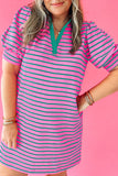 Plus Size Bright Pink and Green Stripe Collared Puff Sleeve Mini Dress with Pockets