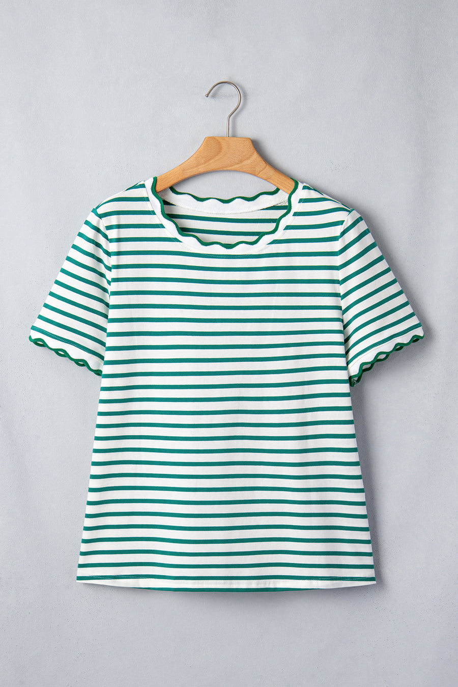 Striped Scalloped Trim Crew Neck Short Sleeve T-Shirt- 5 Colors