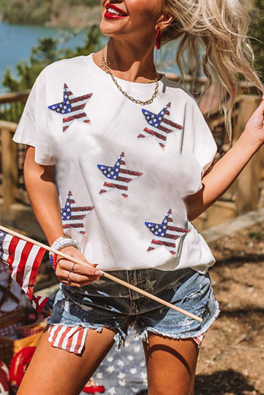 White Sequin American Flag Star Graphic T-Shirt