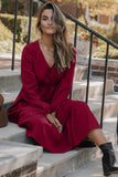 Solid Long Sleeve Button V-Neck Tiered Maxi Dress- 2 Colors