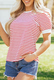 Red Striped Contrast Trim Crew Neck Short Puff Sleeve T-Shirt