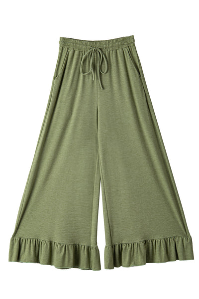 Jungle Green Solid Color Ruffle Hem Wide Leg Pants