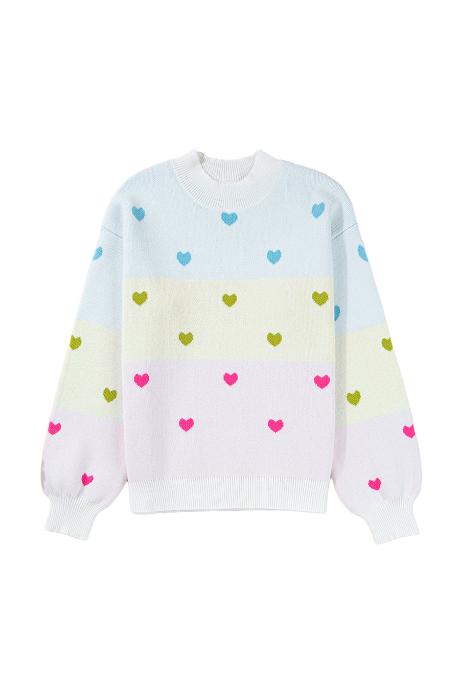 Multicolored Hearts Color Block High Neck Sweater