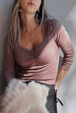 Burgundy Ruched Sweetheart Neck Ribbed Long Sleeve Top