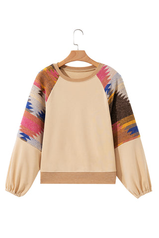 Light French Beige Geometric Patchwork Raglan Sleeve Pullover Sweatshirt