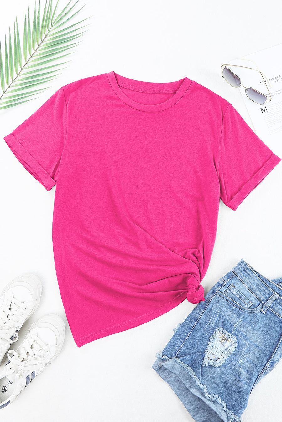 Basic Crew Neck Rolled Sleeve T-Shirt- 12 Colors