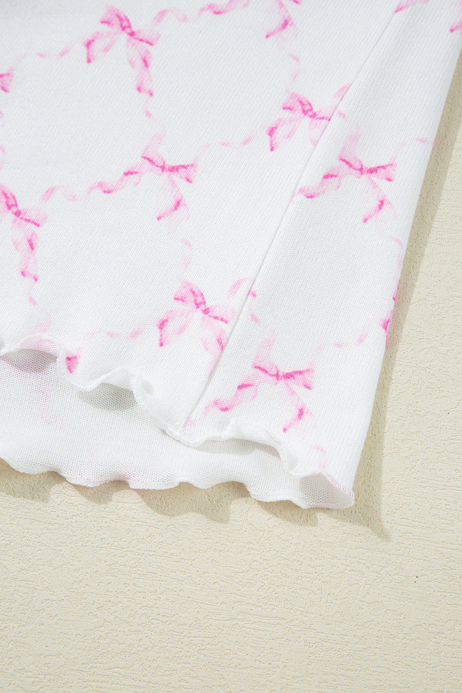 Pink Bow Print Lettuce Trim Short Sleeve Top and Shorts Pajama Set