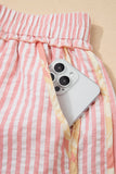 Light Pink Floral Trim Ribbon Drawstring Striped Casual Shorts