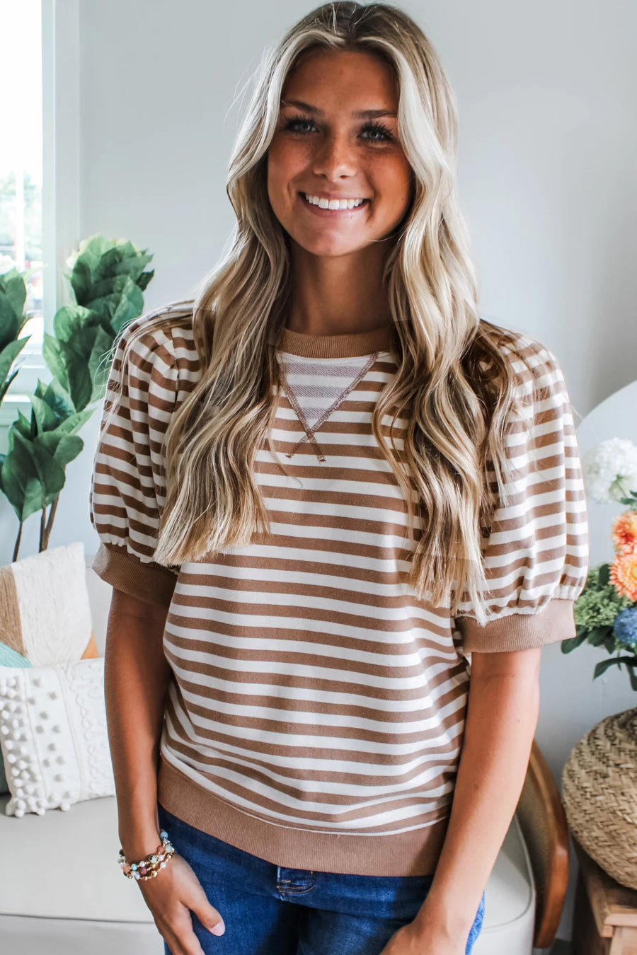 Striped Short Bubble Sleeve T-Shirt- 3 Colors