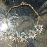 Burnished Gold Tone Rhinestone & Bead Necklace Set- Blue