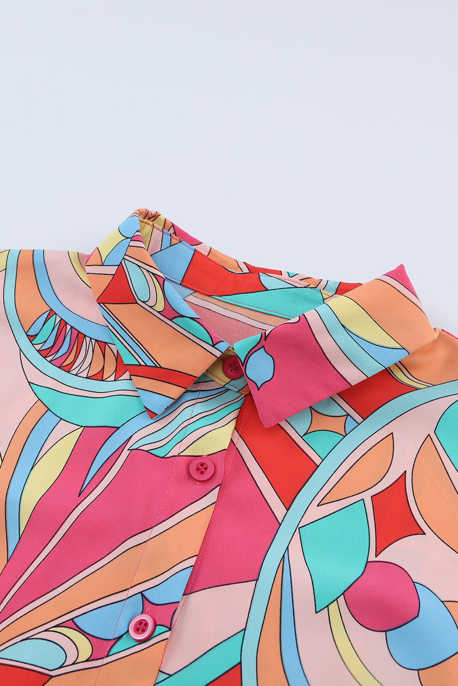 Multicolored Abstract Print Short Sleeve Loose Fit Button-Up Blouse