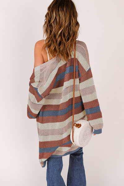 Dark Blue Color Block Striped Cut Out Knit Cardigan