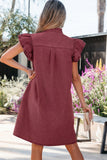 Frill Neck Button-Up Ruffled Short Sleeve Denim Mini Dress- 2 Colors
