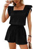 Textured Ruffle Blouse and Shirred High-Waist Shorts Set- 5 Colors