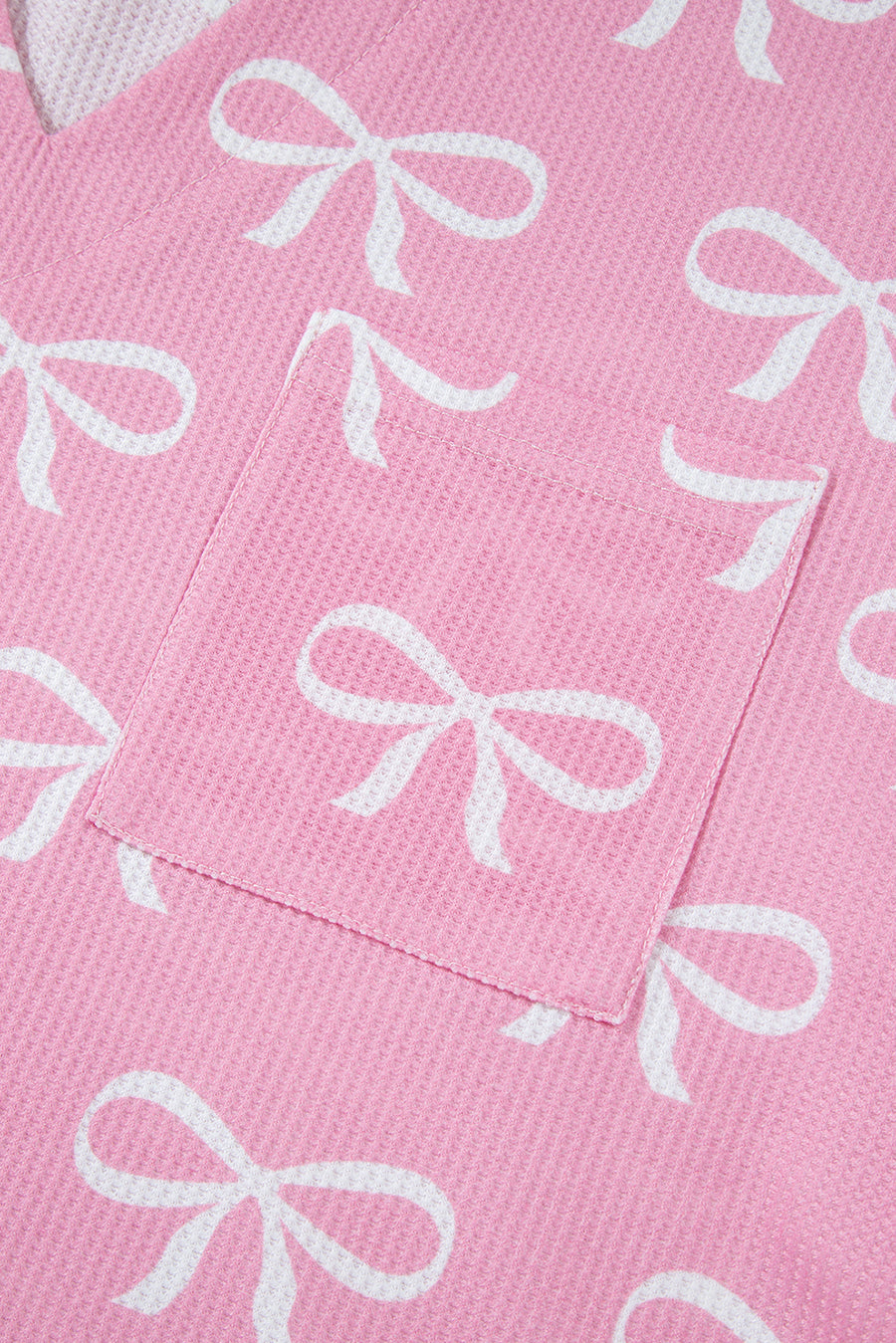 Pink Waffle Knit Bow Print Notched T-Shirt And Shorts Set