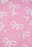 Pink Waffle Knit Bow Print Notched T-Shirt And Shorts Set
