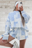 Sky Blue Patchwork Floral Print Long Sleeve Two Piece Set Casual Loose Fit Pantsuit